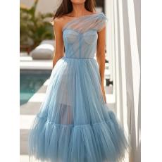 Women's A Line Dress Midi Dress Blue Purple Beige Sleeveless Solid Color Backless Layered Mesh Fall Spring One Shoulder 